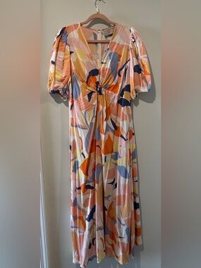 Pink & Orange Twist-Front Midi Dress